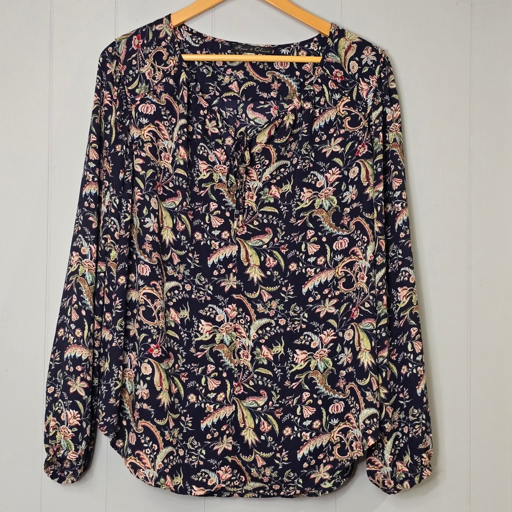 Rose & Olive Blouse XL Navy Paisley Floral Print LS Boho Cottagecore Tassel‎ Tie